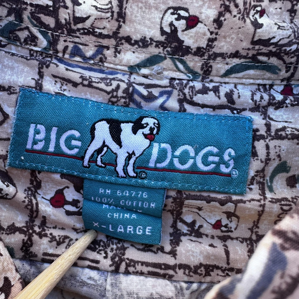 Camisa masculina Big Dogs XL bege abstrata estampa de cachorro manga curta botão para baixo casual - Imagem 3 de 4