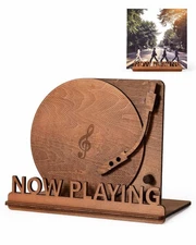 BS-VOG Now Playing Vinyl Record Stand, Tabletop Wooden Holder, Brown 