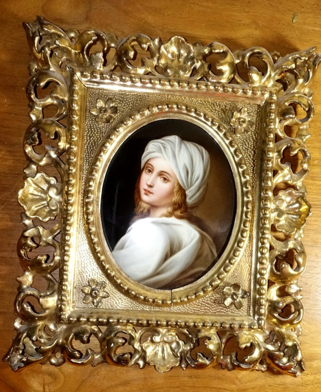 Antique Victorian Hand Painted Beatrice Censi Porcelain Plaque & Gilded Frame