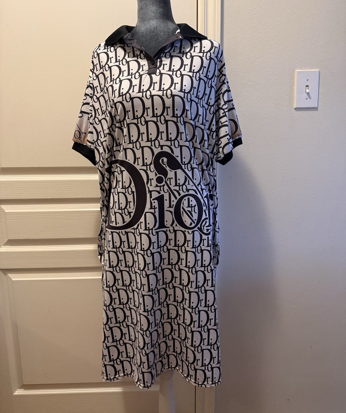 Women’s Black White Logo Print Satin Shirt Dress Collared Short Sleeve Midi