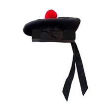 Wool Balmoral Scottish Black Plain Hat Red Pompom on Top