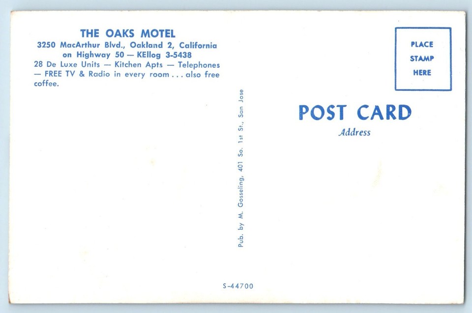 Oakland California CA Postcard Oaks Motel Exterior View Street Classic