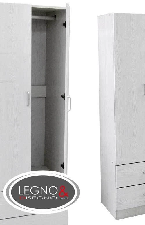 ARMADIO MODERNO 2 ANTE 2 CASSETTI APPENDIABITI LEGNO ROVERE BIANCO H180*60*42 CM - Immagine 3 di 4