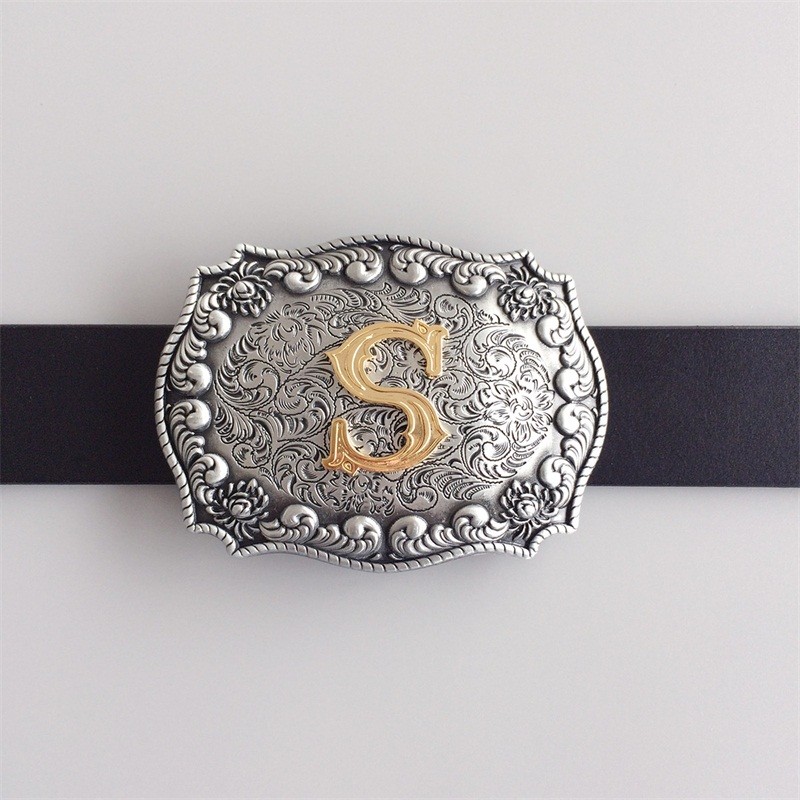 Western Cowboy Letter 'T' Belt Buckle - Zinc Alloy Antique Silver With Gold Plated Initial, Fits 1.58" Belts