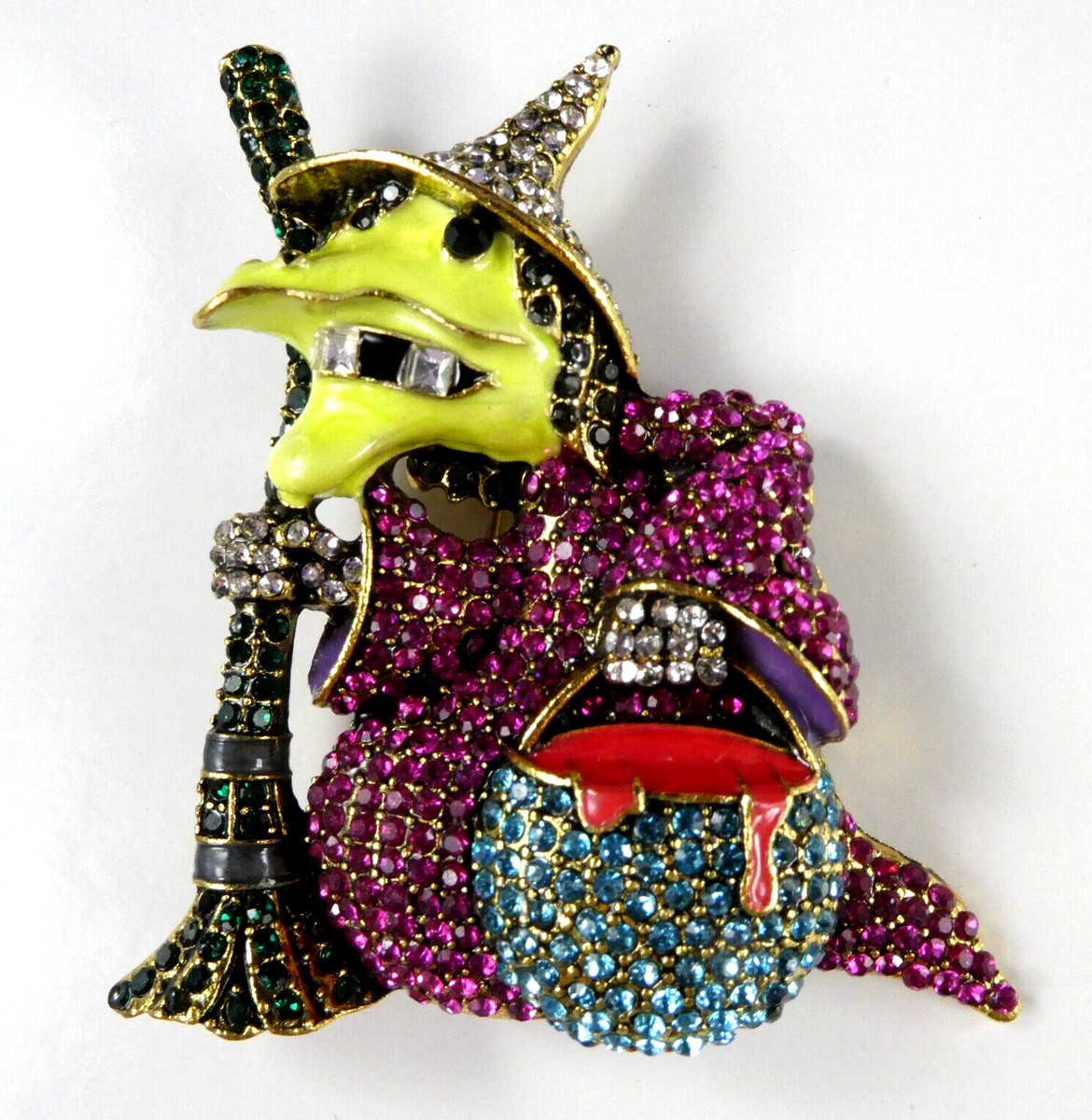 Bling WITCH Pin Brooch Rhinestone Crystal Witches Brew Pink Blue 3" Witch