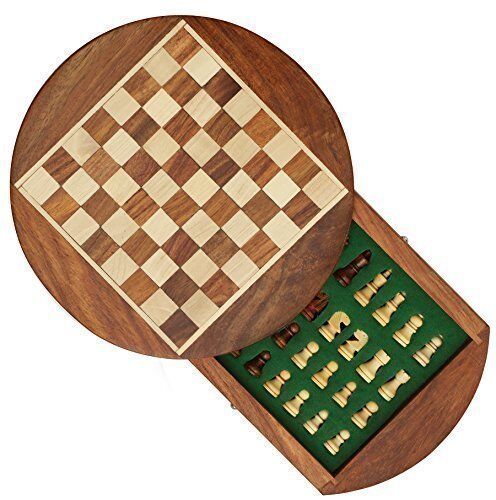 Ensemble d'échecs de voyage en bois magnétique, d'échecs et de planche en bois jeux de voyage rond - Photo 1/4