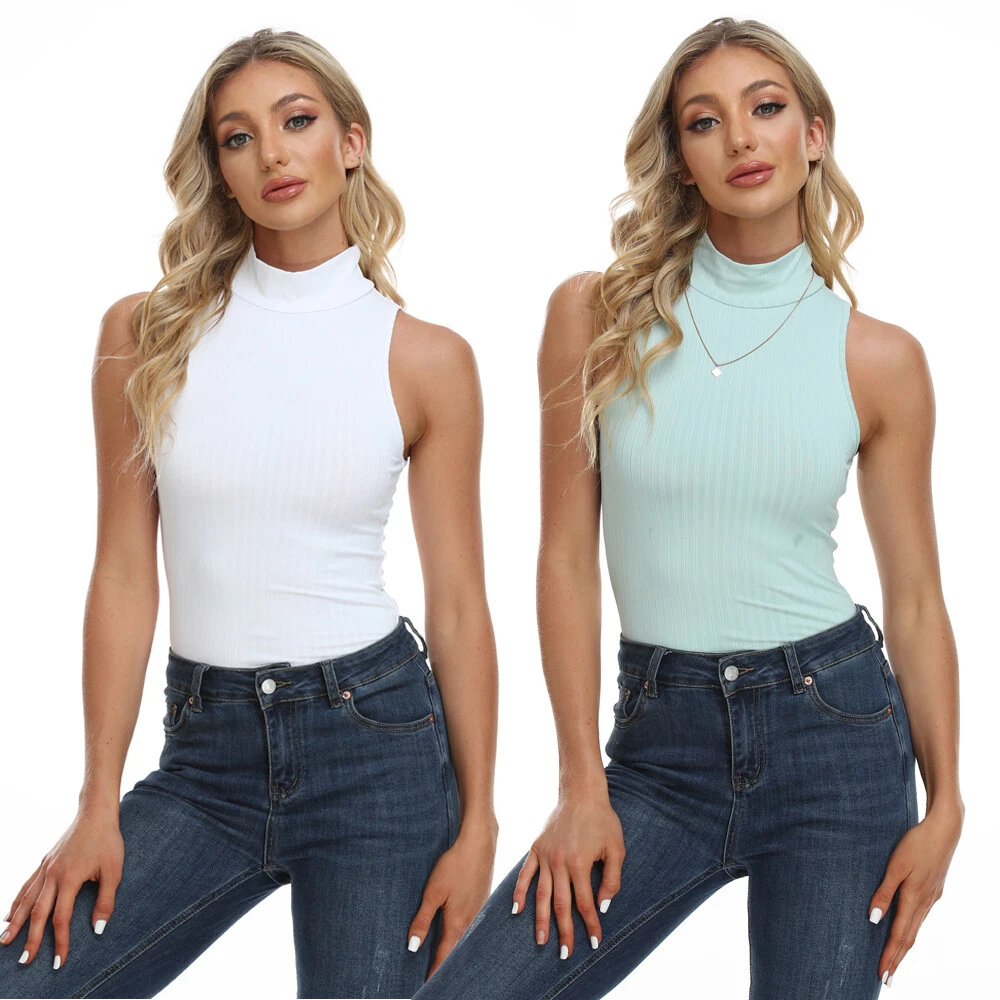 Women Sleeveless Turtleneck Tank Top Stretch Mock Neck Fitted