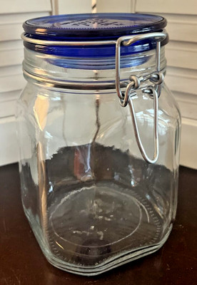 Vintage Bormioli Rocco Fido Cobalt Blue Lid Jar Glass Canister Mason Italy 1L