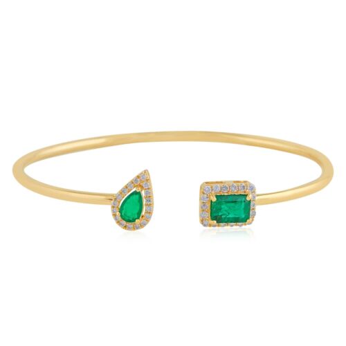 Zambian Emerald Cuff Bangle H/SI Pave Diamond Bracelet 14k Yellow Gold Jewelry - Picture 1 of 9