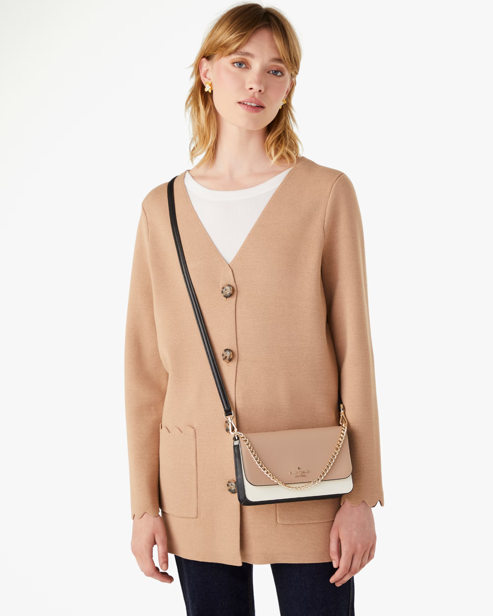 Kate Spade Madison Flap Crossbody Bag Beige White Black Leather