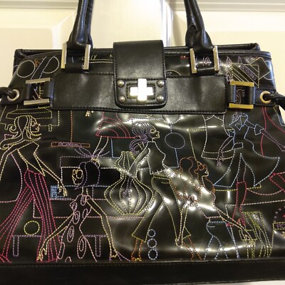 Black Vintage Patent Leather BCBGirls Handbag Colorful Graphic Embroidered Print Vintage BCBGirls Black Patent Leather Embroidered Women  main image 3