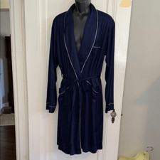 Vintage 60s Paris brand men s navy blue triacetate/nylon robe with lavender trim