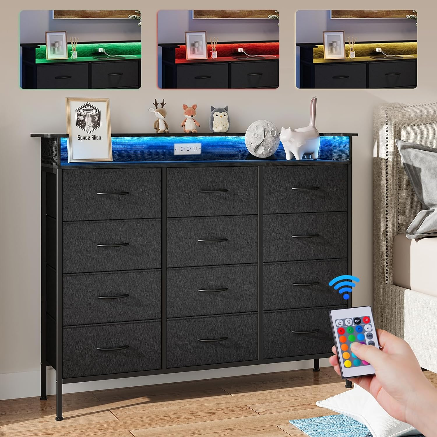 50W Black Tall Dresser with 12 Drawers and USB Charging Station for Bedroom