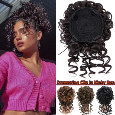 Afro Kinky Curly Bangs Clip in Front Fringe Hair Extensions + Bun Ponytail Black