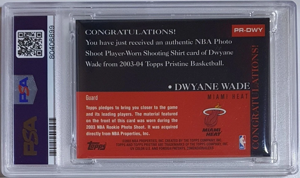 Camiseta deportiva Topps Pristine Dwyane Wade Rookie 2003 #parche usada en juegos - PSA 9 (POP 18) Foto 3 de 3