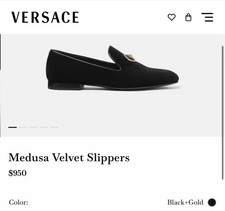 VERSACE Men's Black Leather Dress Loafers Slip-On Almond Toe Logo Accent US 8.5