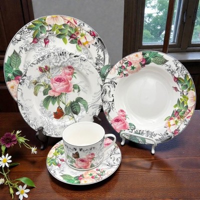 American Atelier Rose Toile #5232 Pink Flowers Porcelain 5-Piece Place Setting