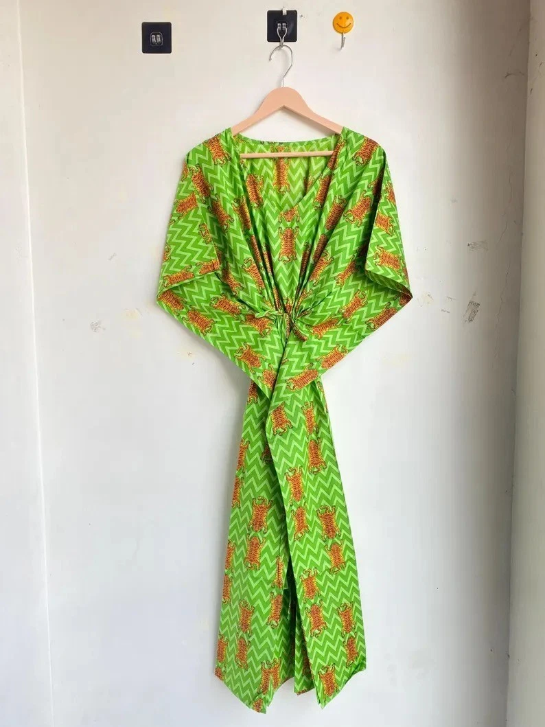 Indian Cotton Green Tiger Print Kaftan Dress Women's Clothing Kaftan Dress US
