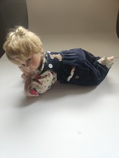 Blonde Wavy Hair Boy Baby Doll in Blue Corduroy Overalls, Cloth Caucasian
