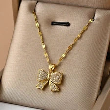 Fashion Womens Necklace Bow Pendant Cubic 18K Gold Plated Stainless Steel New