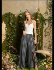 EMERY ROSE Small Black White Striped Wide Leg PANTS High Slit Knee Split Viscose