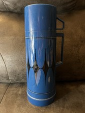 Vtg Aladdin Quart Thermos Blue Black Diamond Pattern MCM Made In USA