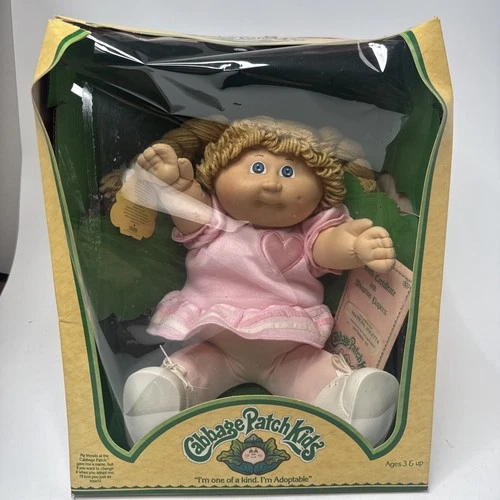 VTG 1983 Cabbage Patch Doll Girl, Blonde Hair, Blue Eyes, Pigtails, Dimple Nib