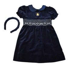Vintage Disney Winnie the Pooh Girls 4T Blue Velveteen Smocked Dress 90s Holiday