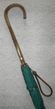 Vintage British Made Green Umbrella - Carved Treen Crook Handle  Wrist Strap