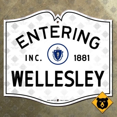 Entering Wellesley Massachusetts city limit highway marker road sign 1950 18x16