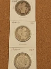 1908-P, D & O Barber Half Dollars, G+-VG+ Condition, Natural & Undamaged