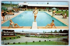 1958 REDWOOD MOTOR LODGE LUMBERTON NC BATHING BEAUTIES DIVING BOARD POSTCARD