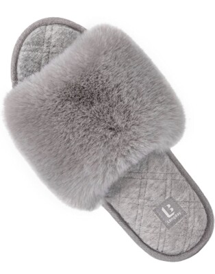 LongBay Women's Faux Fur Memory Foam Slippers Comfy Grey Size 7-8 Medium  NEW
