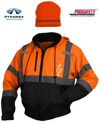 HIGH VISIBILITY INSULATED HI VIS REFLECTIVE ROAD WORK SAFETY BOMBER JACKET & HAT