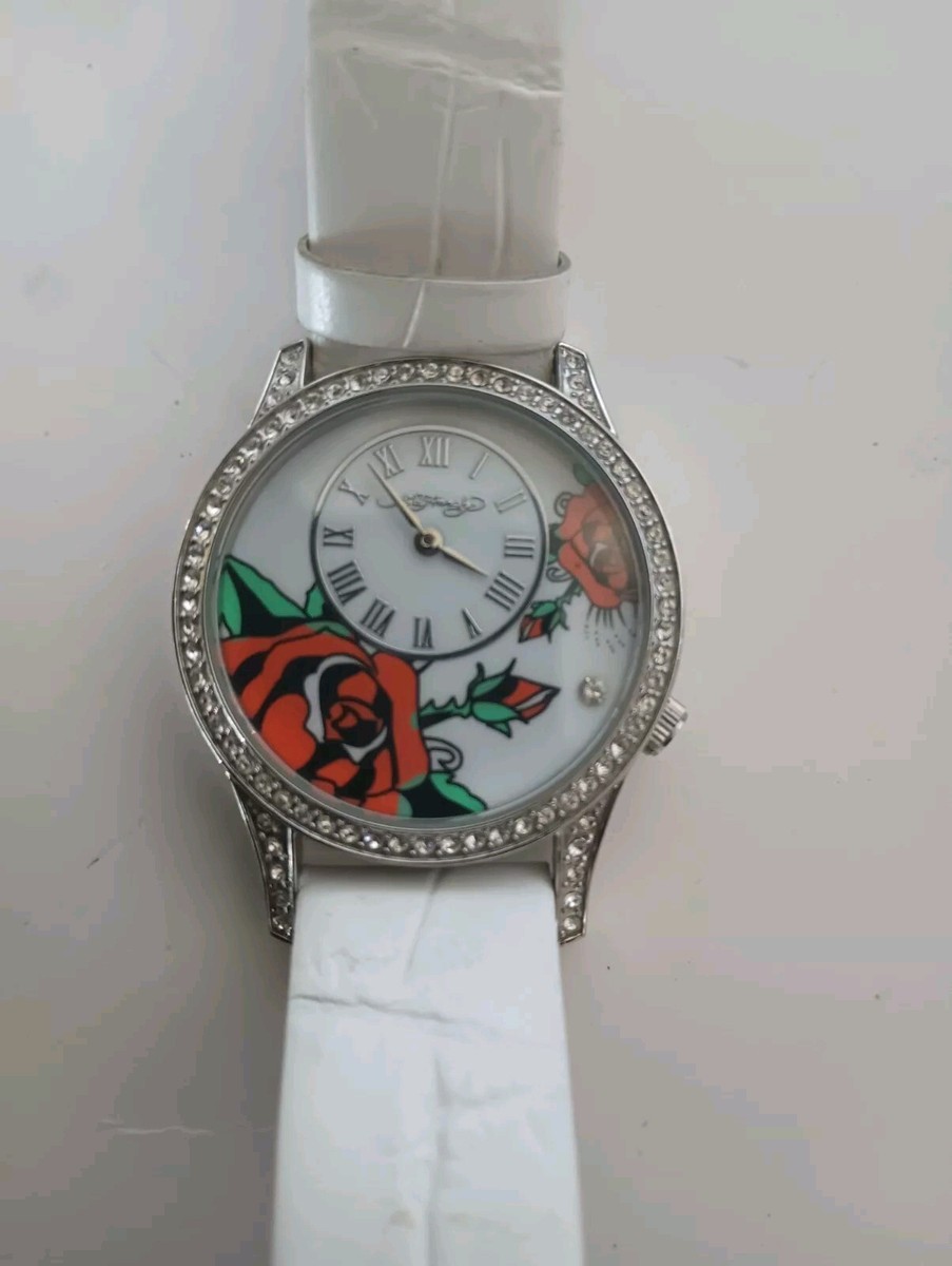 Ed Hardy Red Rose Dial Watch White Leather and Crystal Bezel Ed Hardy Red Rose Dial Watch White Leather and Crystal Bezel