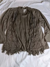Chico's Faux Suede Fringe Lattice Jacket Taupe Size 2 Large Open Front