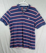 Chaps Mens Large Stripped Short Sleeve Polo Style Casual Dress Shirt Blue Red