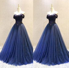 Gothic Blue Wedding Dresses Off The Shoulder A-Line Ruching Lace Bridal Gowns