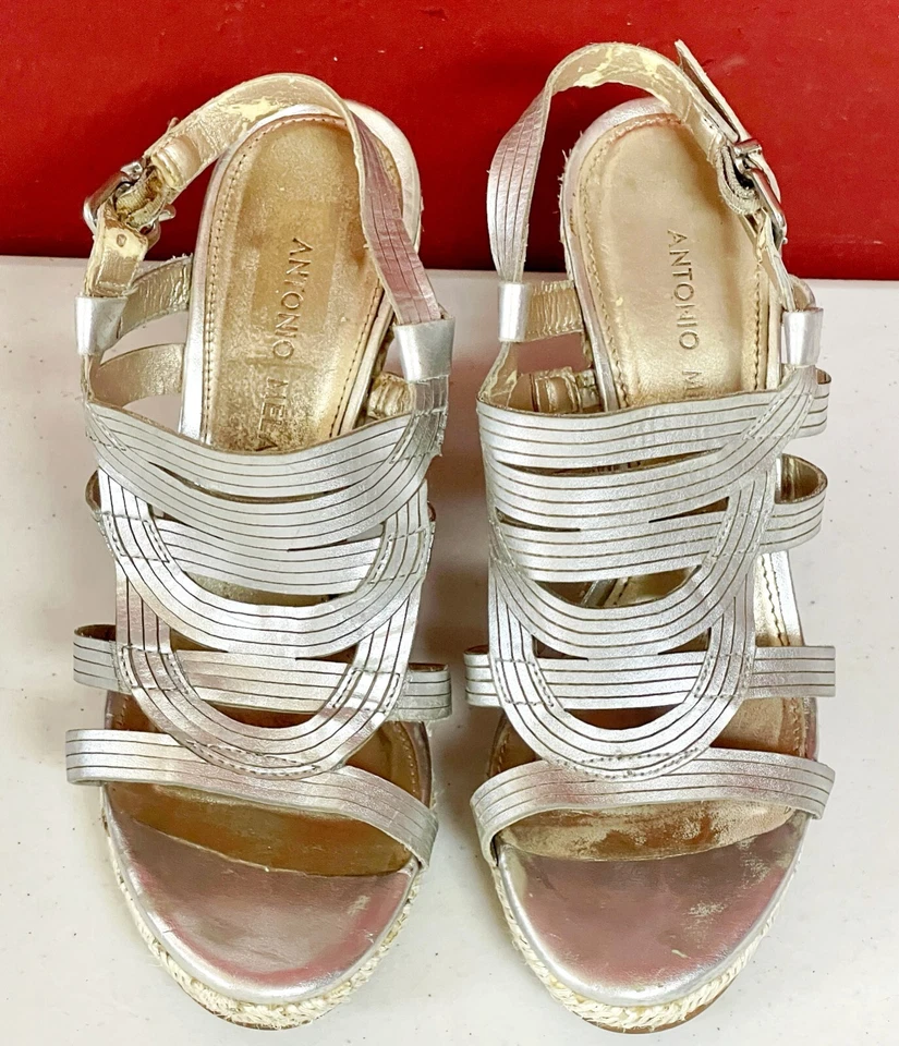 Antonio Melani Dayn Espadrille Wedge Sandals Silver Metallic Heels 5½ M - Image 3 of 4