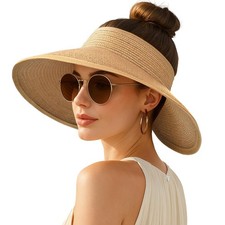 Women's Sun Visor Hats Wide Brim Straw Beach Hat 6 3/4-6 7/8, 1pack-khaki