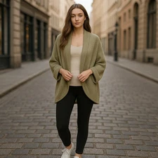 Olive Green Open Front Draped Cardigan – Cozy Casual Layering Sweater M