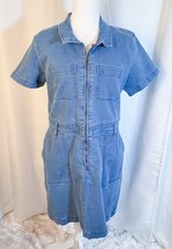 Calvin Klein Women's Sz 8 Denim Shirt Dress, Blue Zip Front Short Sleeve Stretch