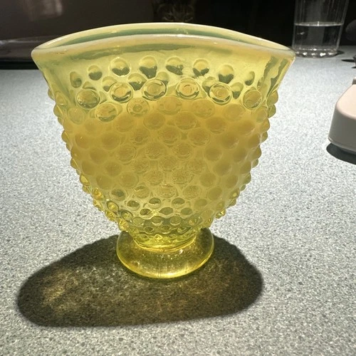 Fenton Hobnail Fan Vase Topaz Uranium Vaseline Opalescent Glass Glows 3.5”