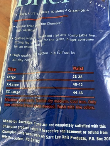 CHAMPION 1997 WHITE COTTON TALL BASIC BRIEFS UNDERWEAR 2 PACK SIZE 40 BRAND NEW - Picture 6 of 7