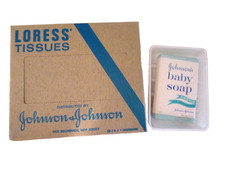 vintage johnson johnson baby soap bar, tray and tissue box. Prop. 1960s.