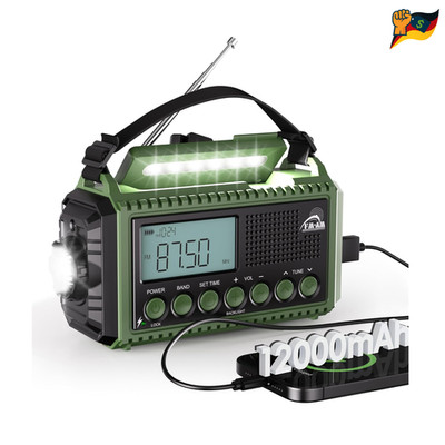 Kurbelradio Powerbank 12000mAh AM FM SW Notfallradio Taschenlampe