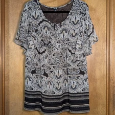 APT. 9 Women's XL Paisley Print Top – Brown & White – Short Sleeve Boho Blouse