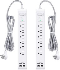 2pk Surge Protector 6 Outlet 4 USB Flat Plug 5ft