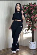 adidas Women's Black Sweatsuit Set Short Sleeve Top Pants Outfit