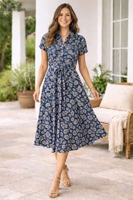 Chaps Floral Midi Dress Womens Small Blue White Tulip Sleeve Belted Shirt  Dress | eBay